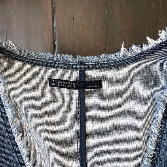 All Saints Reika Denim Jumper Dress w/ Plunging Neckline + Frayed Trim ~ Size 8 - Picture 8 of 10
